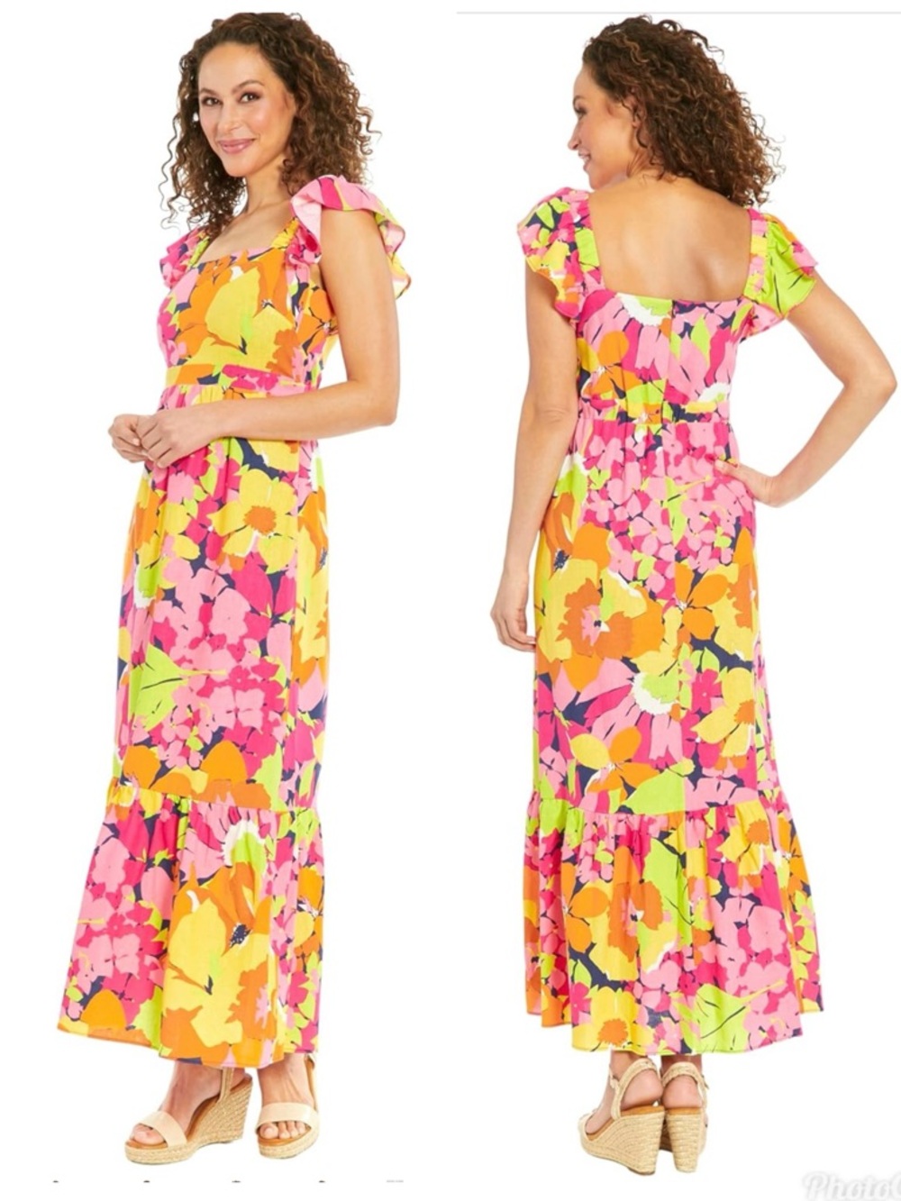 London Times Square Neck Floral Linen Blend Tiered Maxi Dress Summer Milkmaid 10